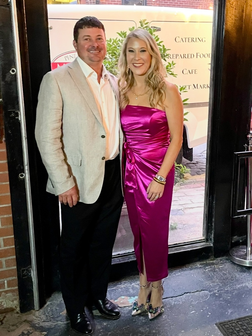 Strapless Satin Midi Dress in Magenta